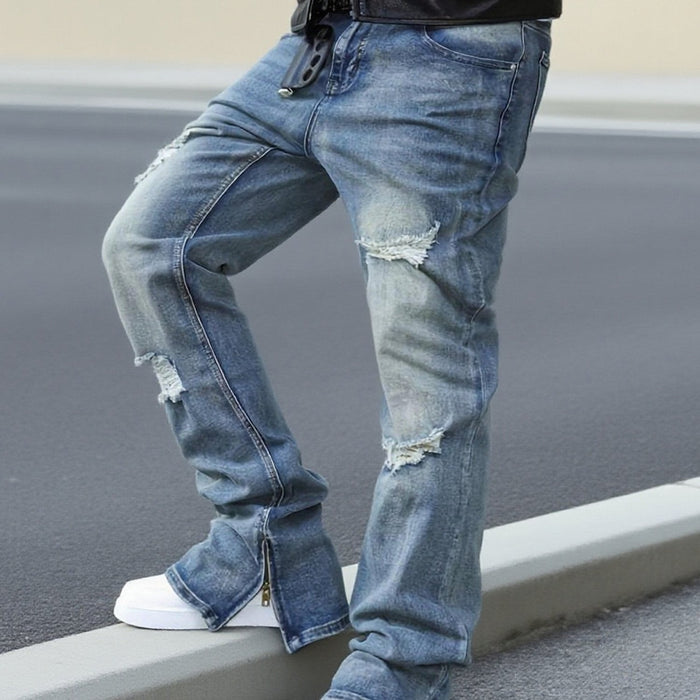Herr Straight-Leg Jeans med Sliten Finish och Avslappnad Passform