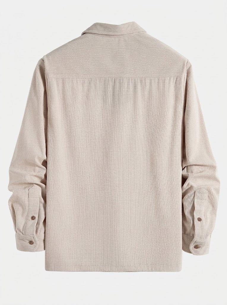Mans Corduroy Långärmad Skjorta och Shorts Set – Texturerad Övergångs Casualwear