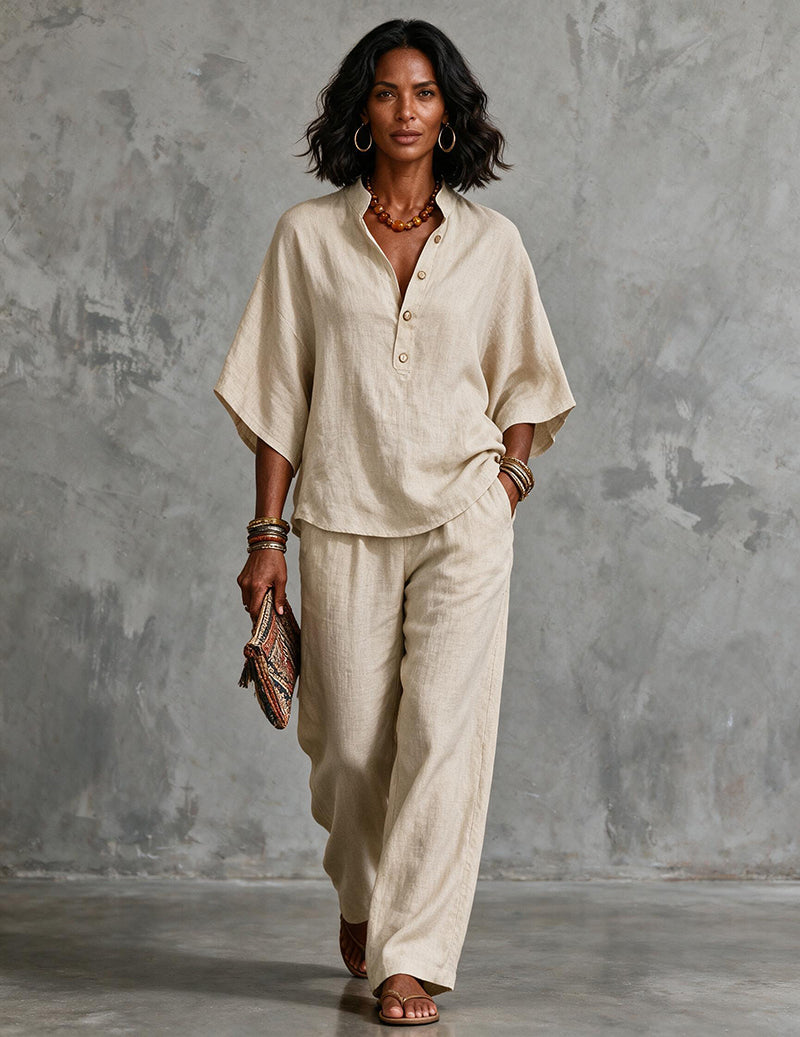 Kvinnors Lin Batwing Ärmar Top och Byxor Set