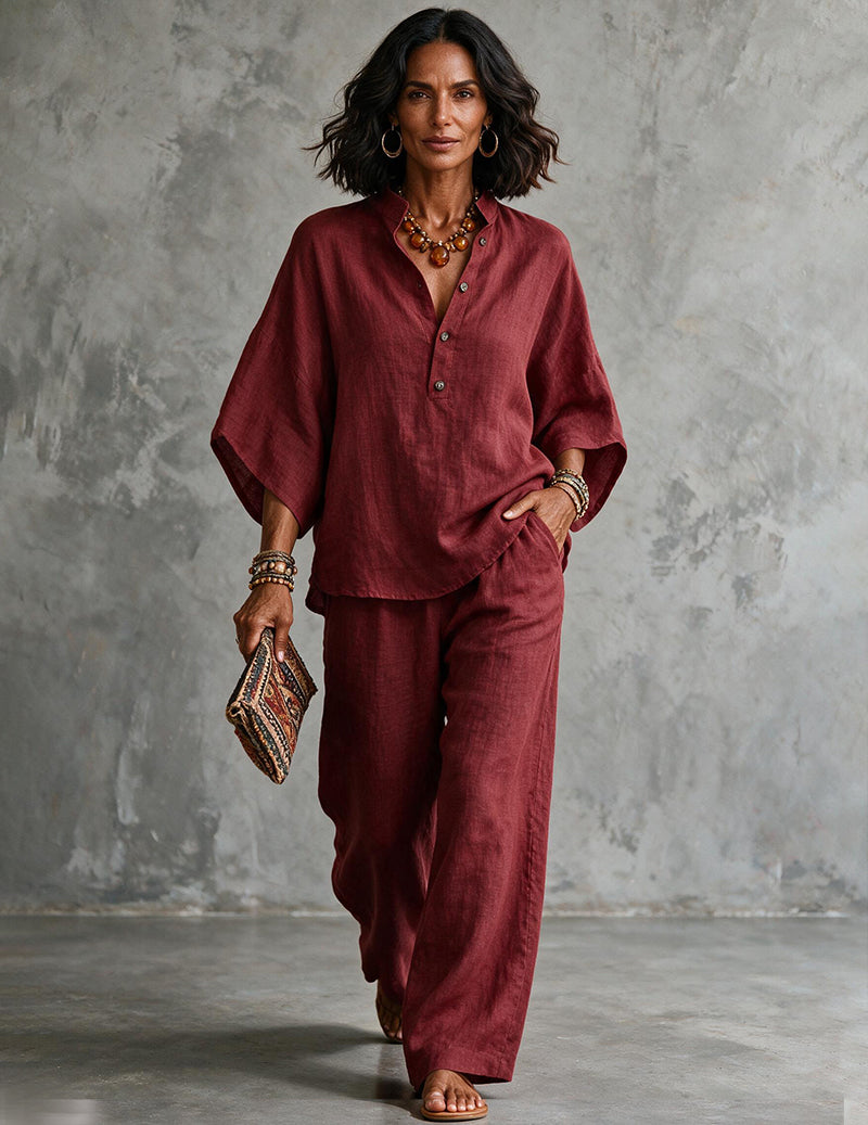 Kvinnors Lin Batwing Ärmar Top och Byxor Set