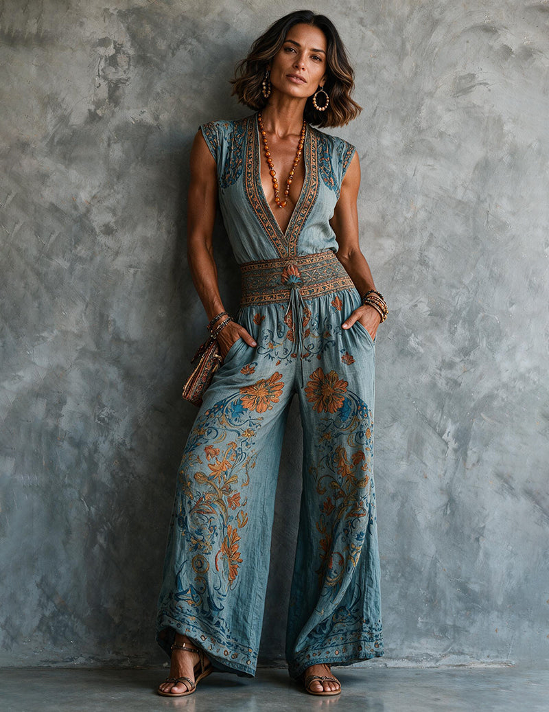 Kvinnors Linne Boho Blommig Tryck Bred Ben Jumpsuit
