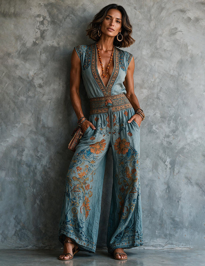 Kvinnors Linne Boho Blommig Tryck Bred Ben Jumpsuit