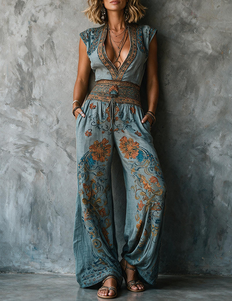 Kvinnors Linne Boho Blommig Tryck Bred Ben Jumpsuit