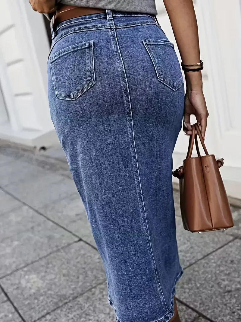 Kvinnors Denim Midi Kjol Med Knäppning Fram Hög Midja