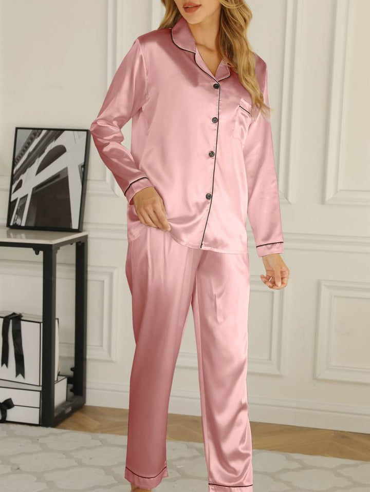 Kvinnors Satin Pyjamakostym med Knäppning Främre Loungewear