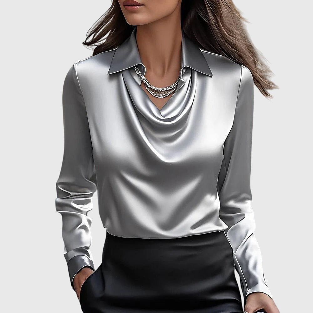 Kvinnors Satin Cowl-Neck Blus – Långärmad Skjorta med Krage för Kontor och Kvällsbruk