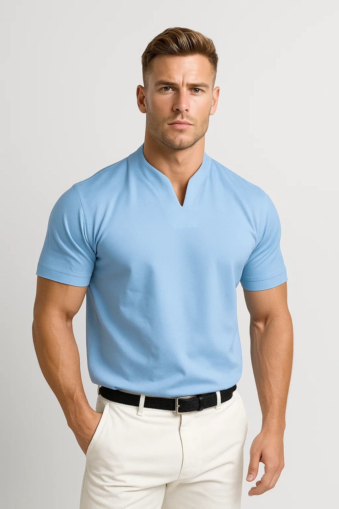 Herrarskjorta med delad krage, skräddarsydd, kortärmad och avslappnad