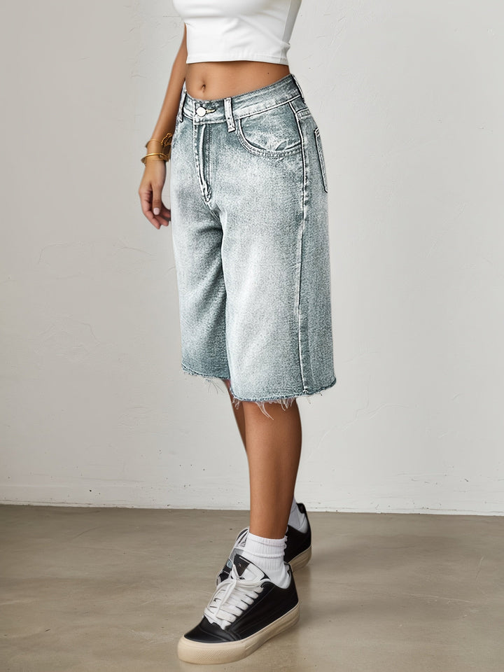 Kvinnors Denim Jorts Avslappnad Passform Hög Midja Vid Ben Knälängd Casual Shorts