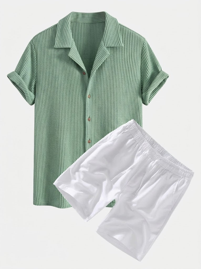 Herrens Texturerade Waffle Resort Set – Knappskjorta med Linne-Bomull Dragsko Shorts
