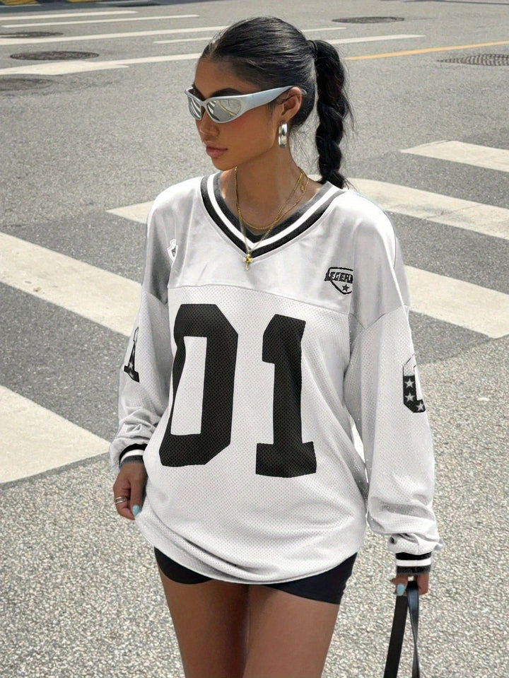 Dam Jersey T-shirt Lång Ärmar Oversized Streetwear Top