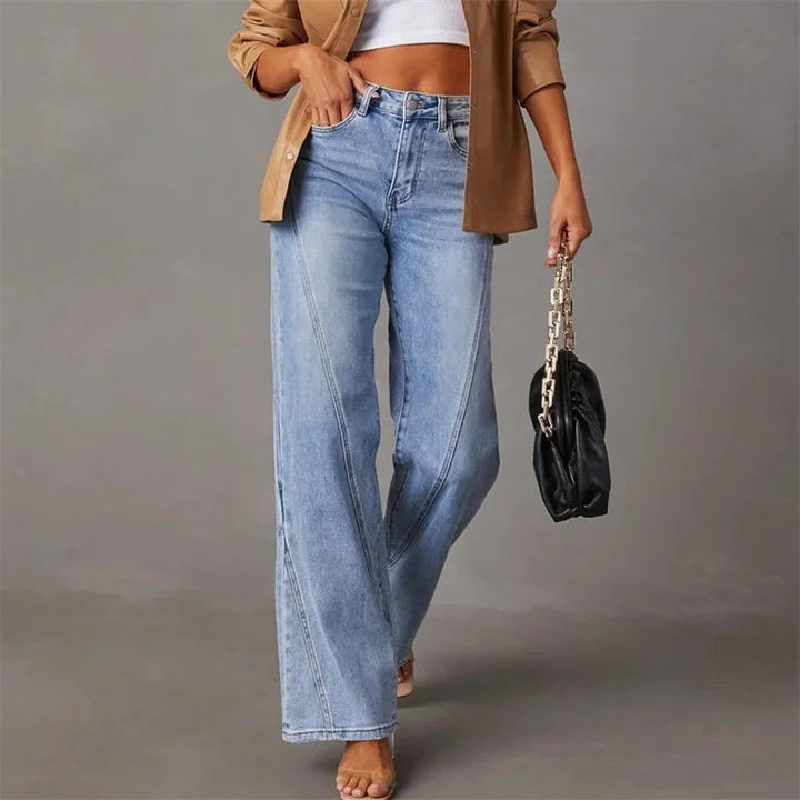 Kvinnors Högmidjade Vida Jeans Avslappnade Denimbyxor