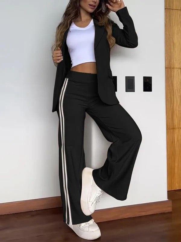 Kvinnors Blazer och Byxor med Sidostripes – Avslappnad Smart-Casual Tvådelad Outfit