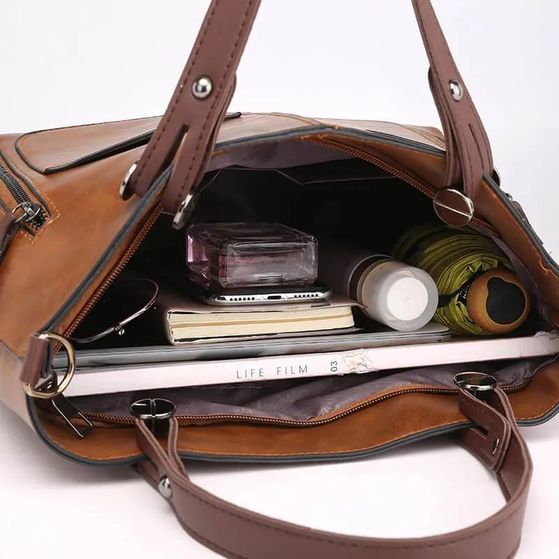 Kvinnors Vintage Läder Tote Handväska Med Flera Fickor