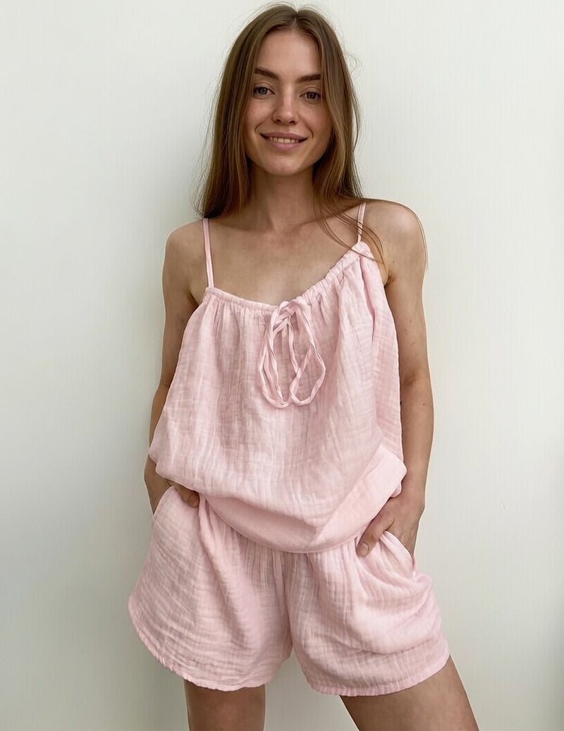 Kvinnors Crinkle Bomull Camisole och Shorts Lounge Set