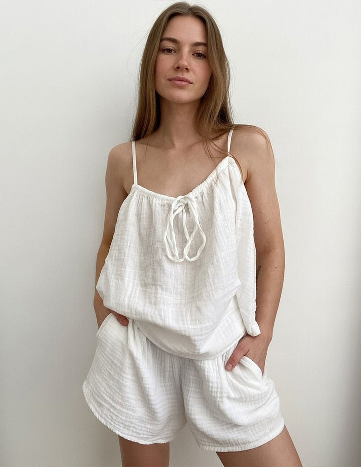 Kvinnors Crinkle Bomull Camisole och Shorts Lounge Set
