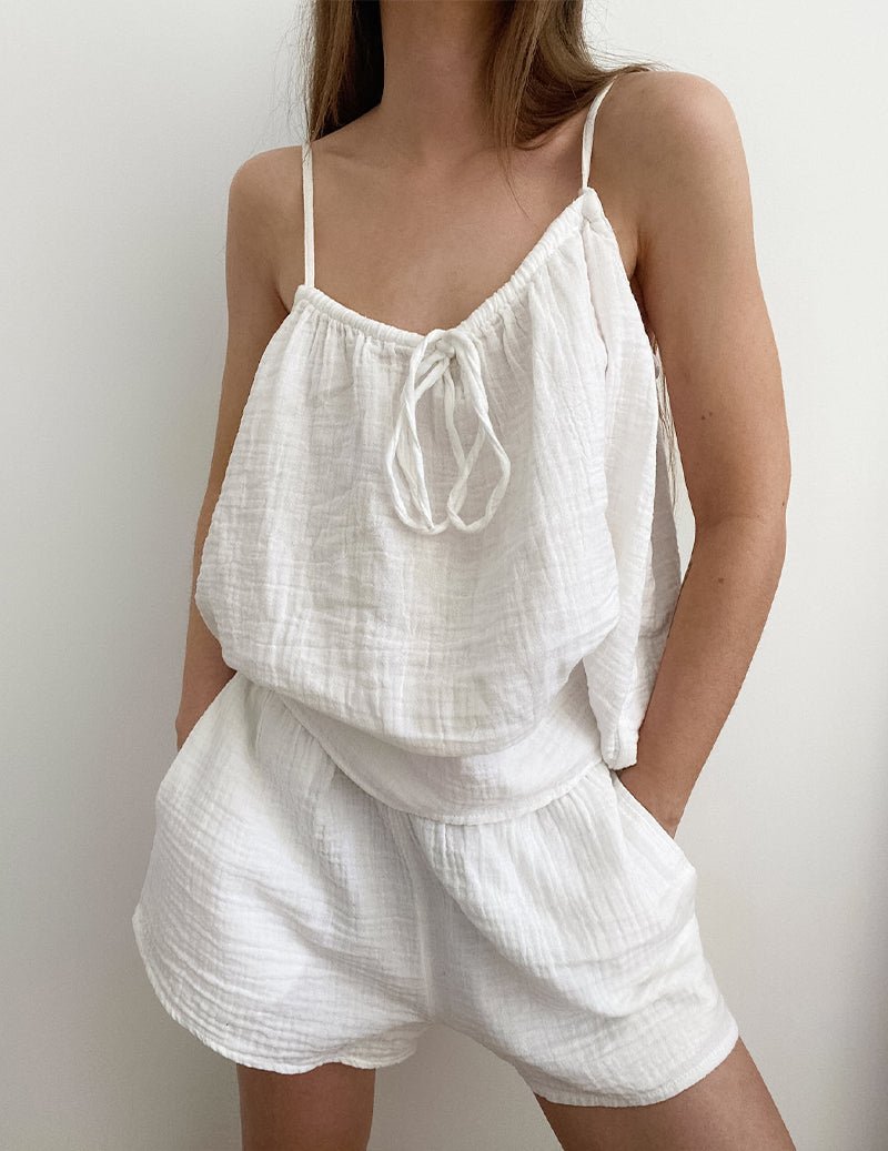 Kvinnors Crinkle Bomull Camisole och Shorts Lounge Set