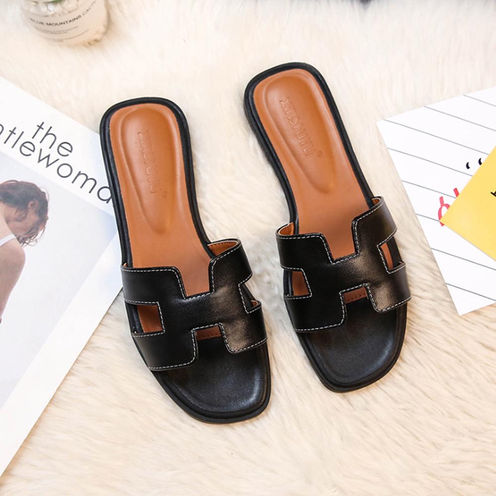 Kvinnors lädersandaler med H-rem, låg klack, eleganta sommarcasual skor