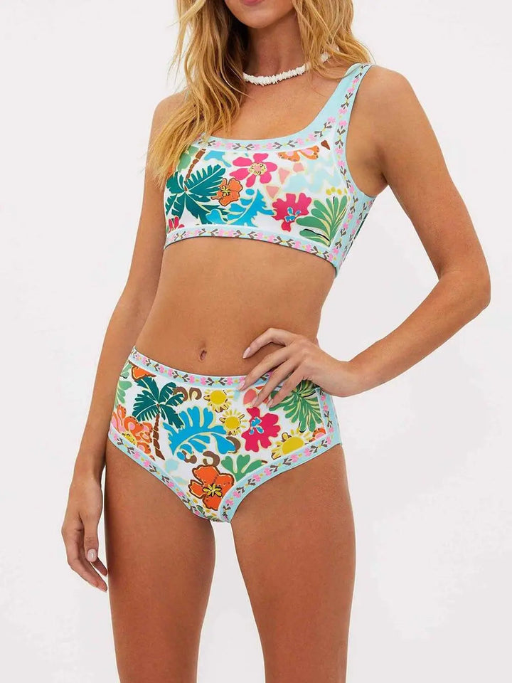 Kvinnors Tropiska Blommiga Högmidjade Bikini Simset