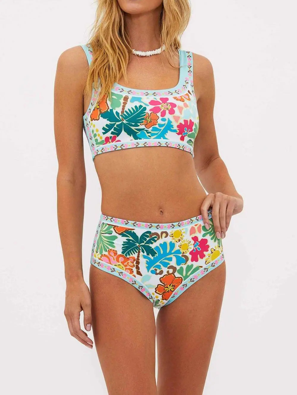 Kvinnors Tropiska Blommiga Högmidjade Bikini Simset