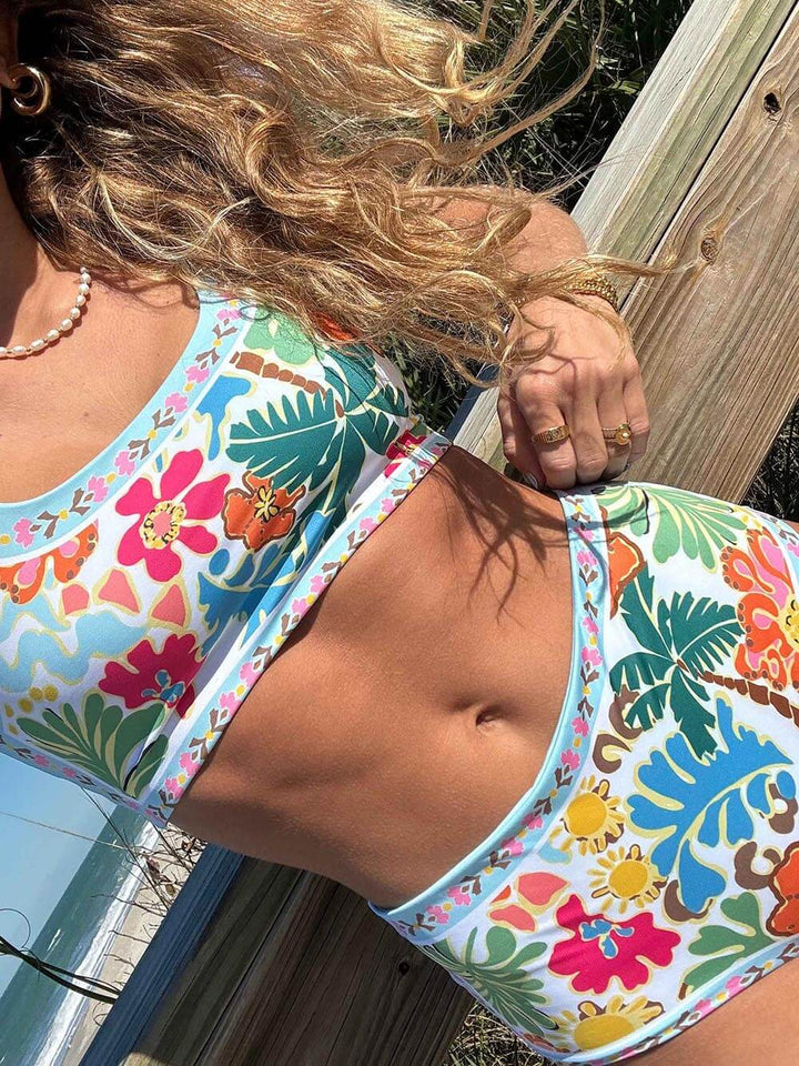 Kvinnors Tropiska Blommiga Högmidjade Bikini Simset