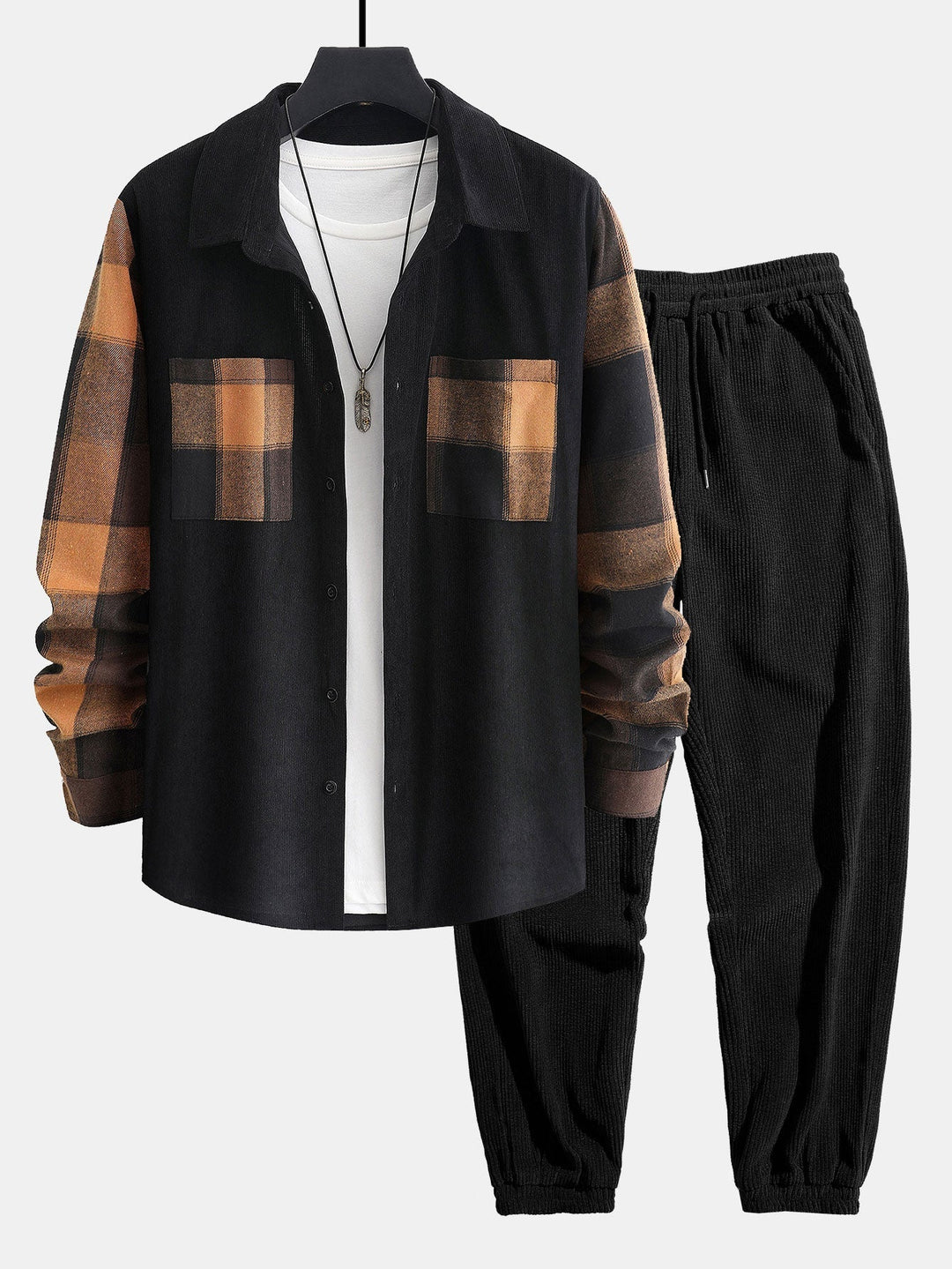 Herrars kordflöjlsko-ord med overshirt och joggers – Avslappnad tryckt casual set