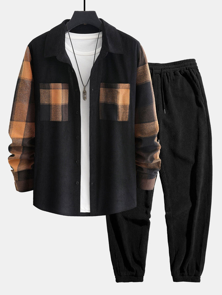 Herrars kordflöjlsko-ord med overshirt och joggers – Avslappnad tryckt casual set