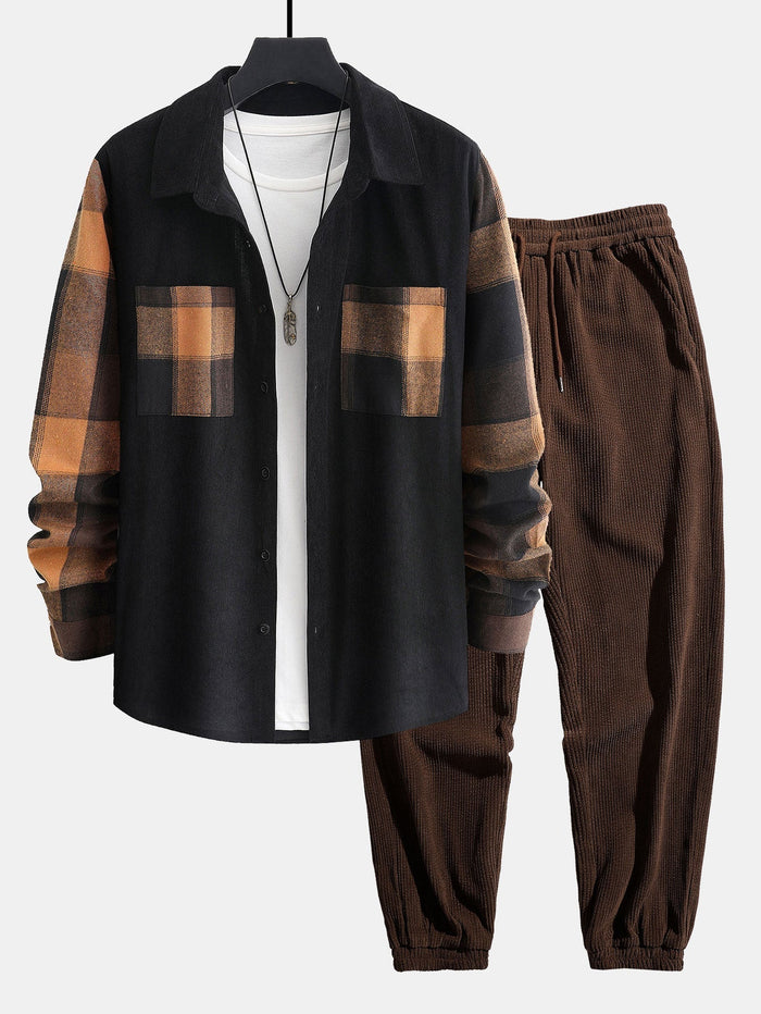 Herrars kordflöjlsko-ord med overshirt och joggers – Avslappnad tryckt casual set
