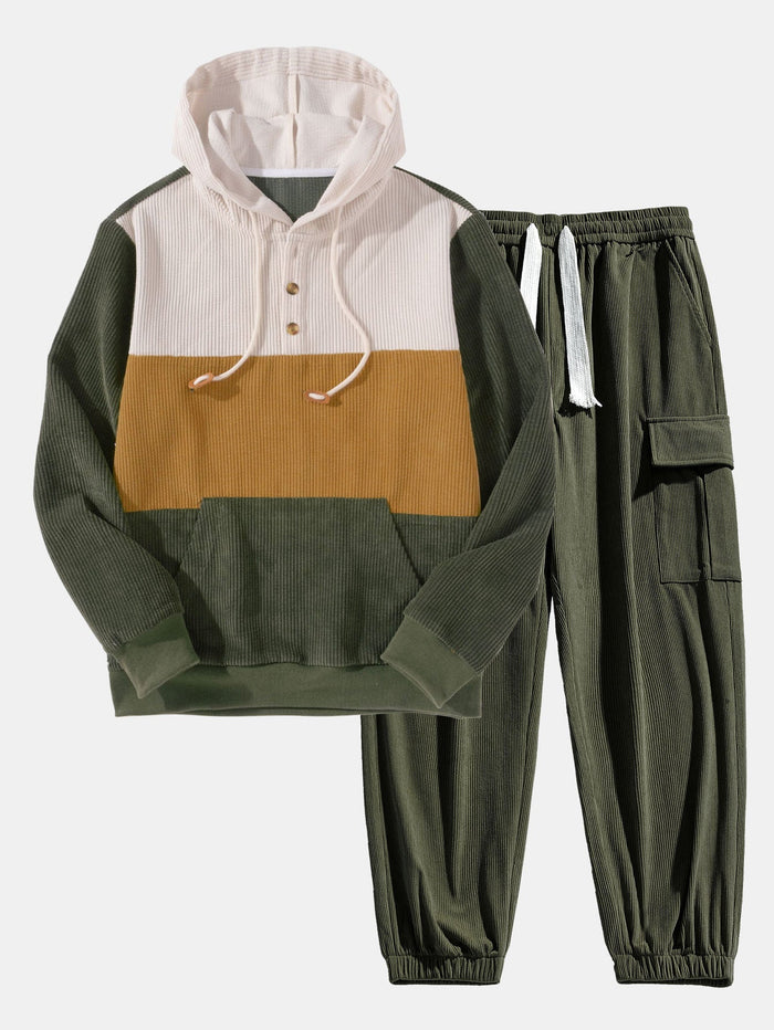 Mäns Corduroy Cargo Träningsdräkt – Patchwork Hoodie Set för Avslappnad Utility Styling