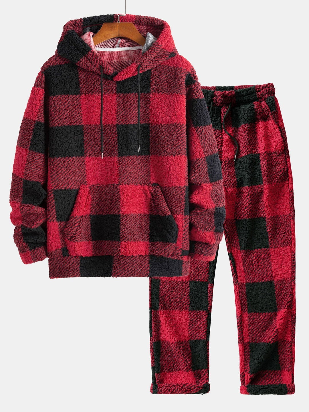 Herrars rutiga teddy fleece träningsdräkt – Huva tvådelad set med raka byxor