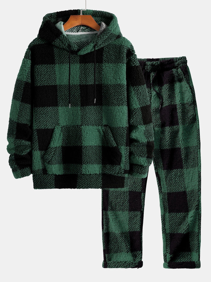 Herrars rutiga teddy fleece träningsdräkt – Huva tvådelad set med raka byxor