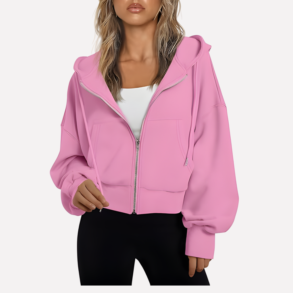 Dam Zip Hoodie Avslappnad Passform Croppad Dragkedja Jacka