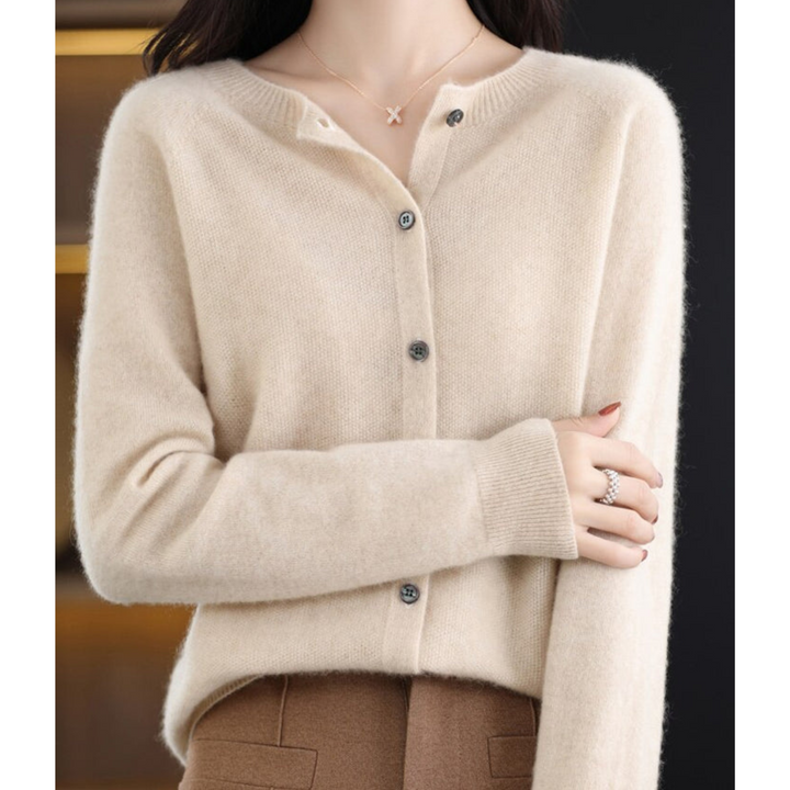 Lyxig Merinoull &amp; Cashmere Cardigan för Kvinnor – Elegant O-Hals Vinterstickad