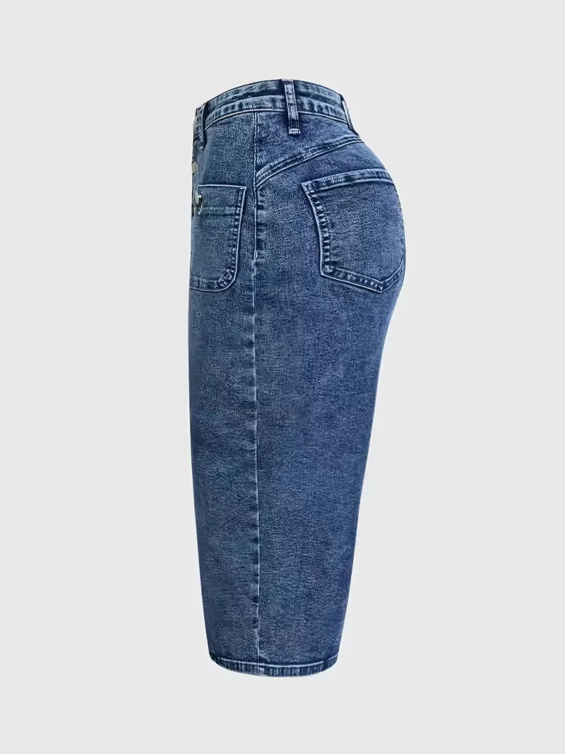Kvinnors Denim Midi Kjol Med Knäppning Fram Hög Midja