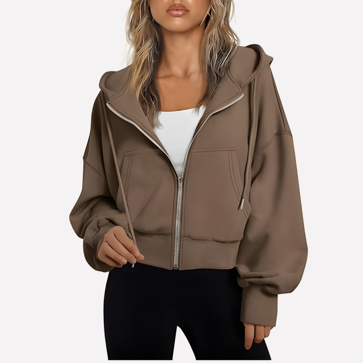 Dam Zip Hoodie Avslappnad Passform Croppad Dragkedja Jacka