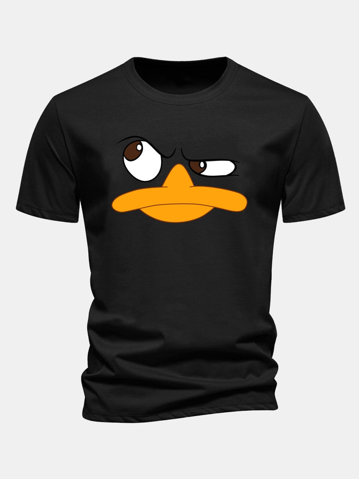 Herrens Grafiska T-shirt med Tecknad Ansiktstryck, Avslappnad Passform