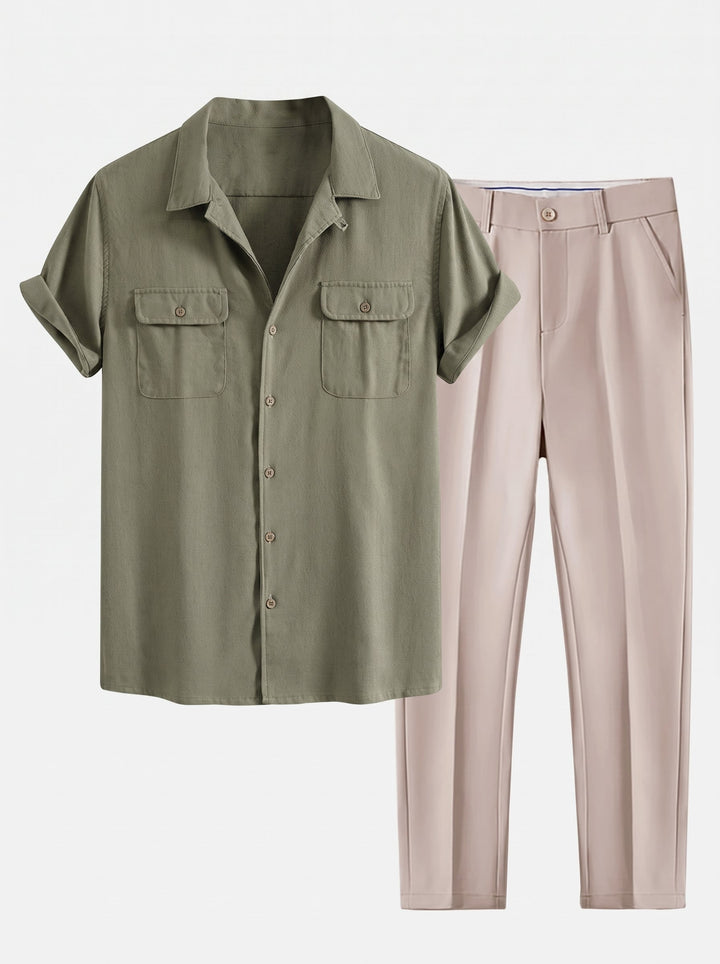 Herrars Avslappnade Sommar Skjorta och Byxor Set – Kubansk Krage Smart Casual Outfit