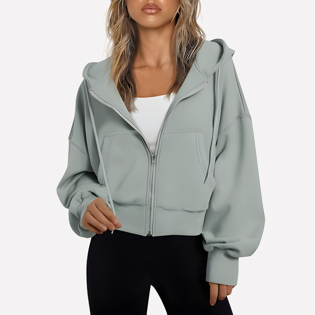 Dam Zip Hoodie Avslappnad Passform Croppad Dragkedja Jacka