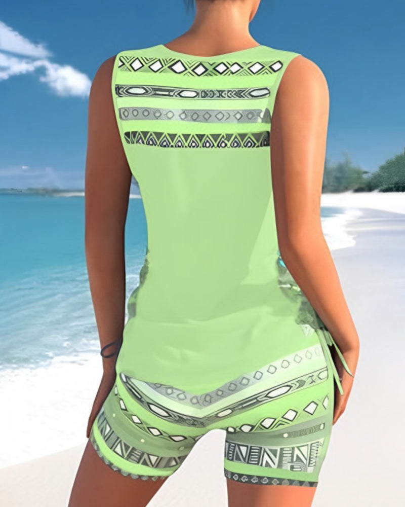 Kvinnors Tankini Baddräkt Med Korskors Nacke Tryckt Tvådelad