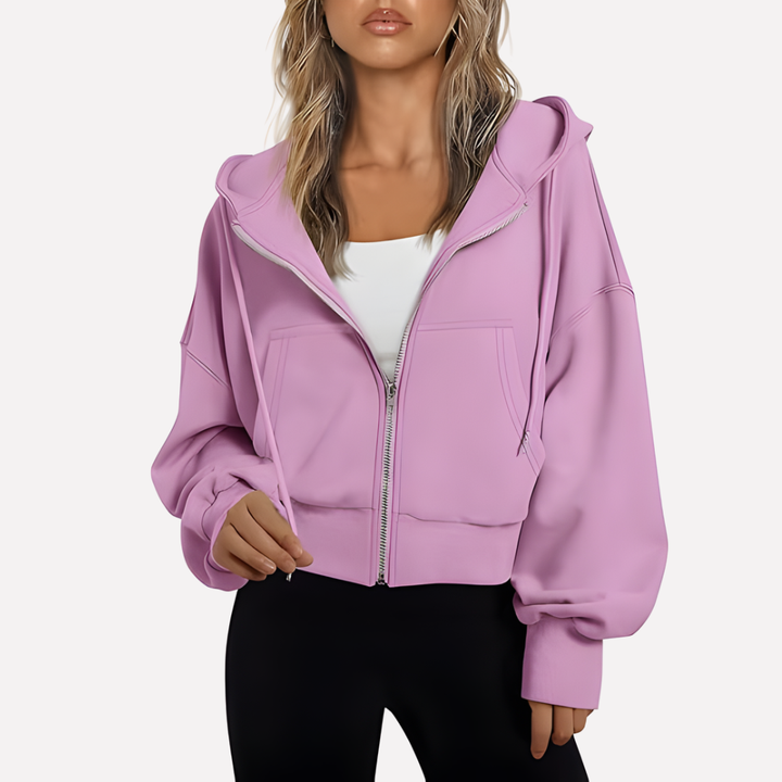 Dam Zip Hoodie Avslappnad Passform Croppad Dragkedja Jacka