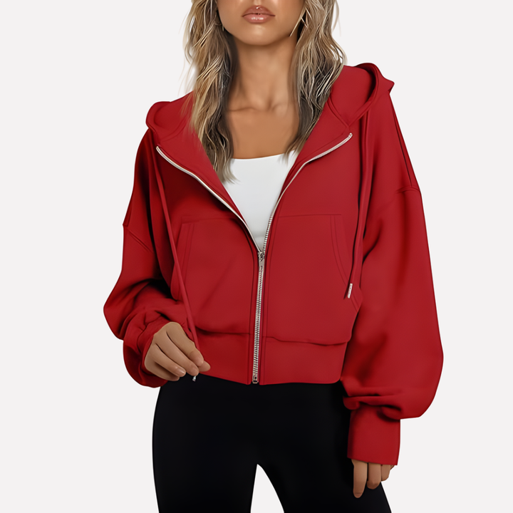 Dam Zip Hoodie Avslappnad Passform Croppad Dragkedja Jacka