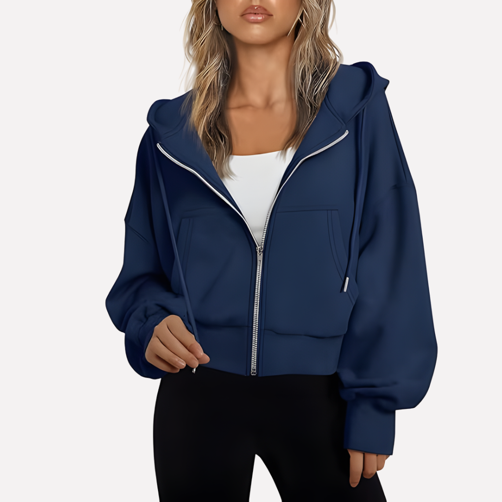 Dam Zip Hoodie Avslappnad Passform Croppad Dragkedja Jacka
