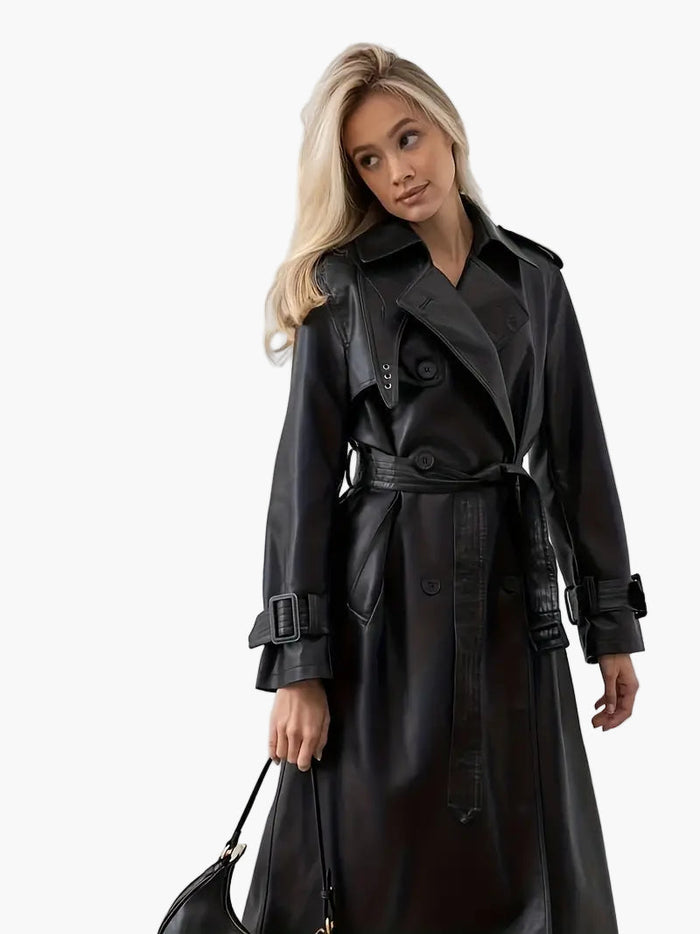 Kvinnors Långa Fuskläder Trench Coat – Bälte för Stilig Lager för Stad och Kvällsbruk