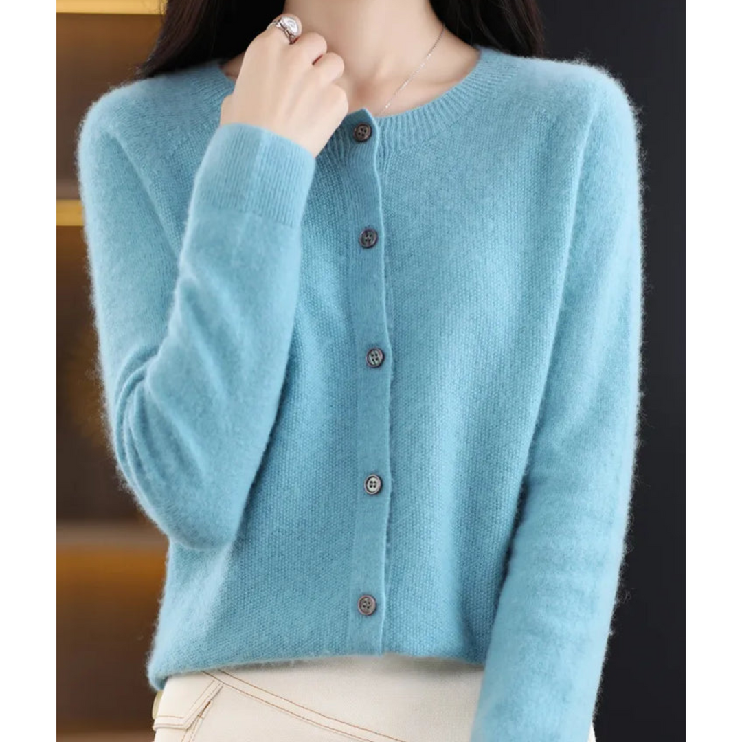 Lyxig Merinoull &amp; Cashmere Cardigan för Kvinnor – Elegant O-Hals Vinterstickad