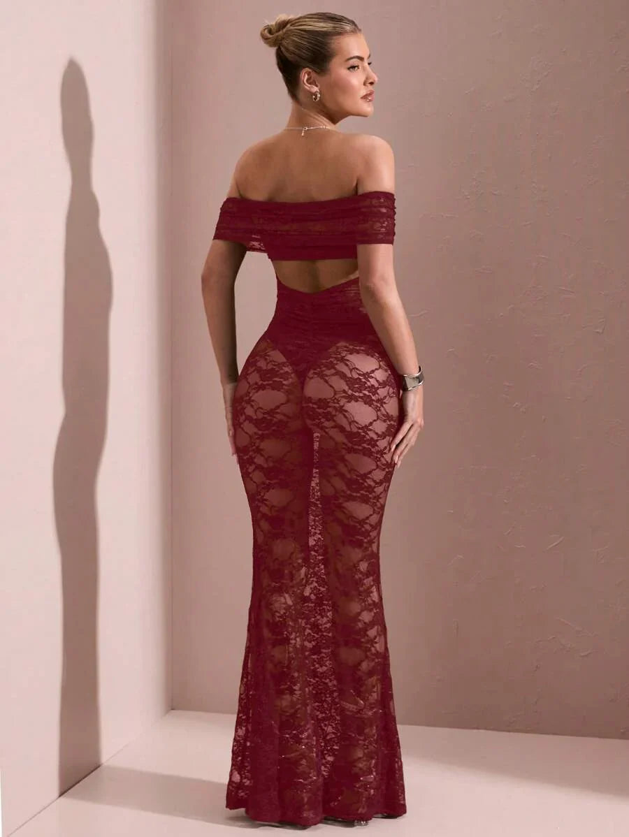 Kvinnors Off-Shoulder Maxi Klänning Med Rynkad Bakdel För Kvällsbruk