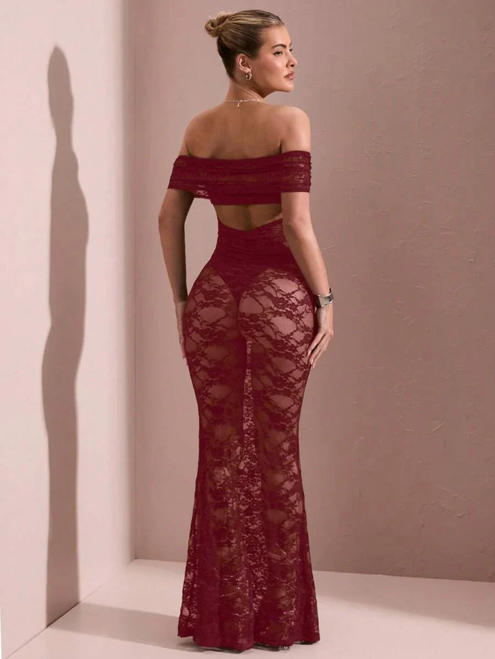 Kvinnors Off-Shoulder Maxi Klänning Med Rynkad Bakdel För Kvällsbruk