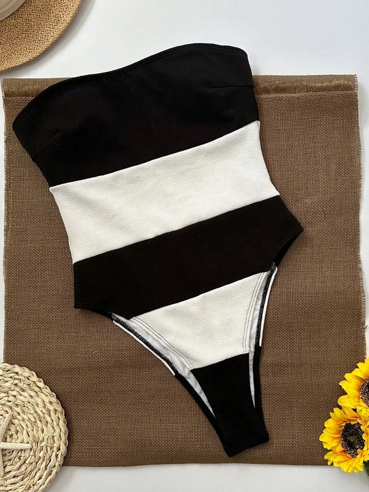 Kvinnors Strapless Kontrast Baddräkt Högben Strandkläder
