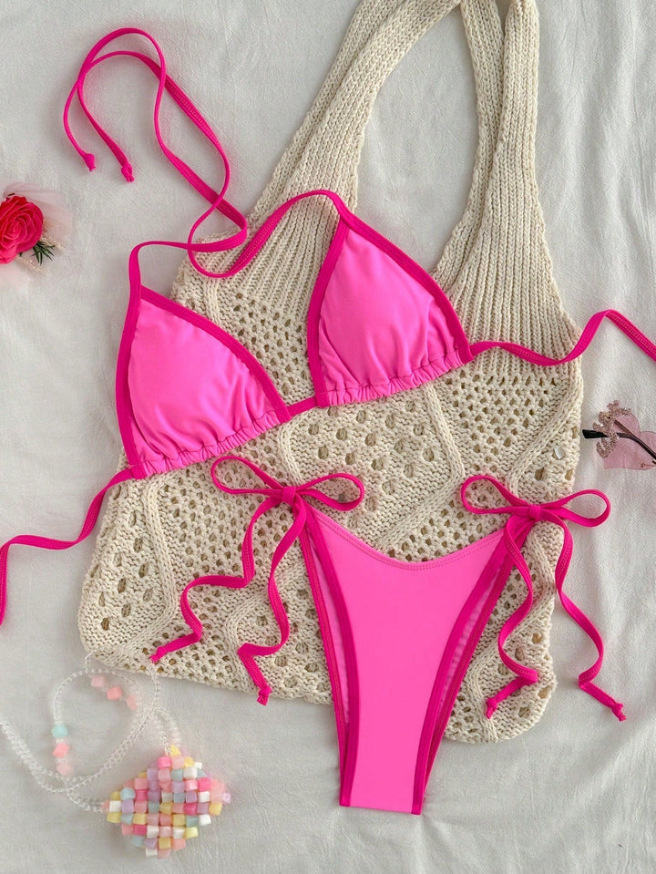 Kvinnors Triangle Bikini Set med Kontrastkant och Knut Sidor Baddräkt