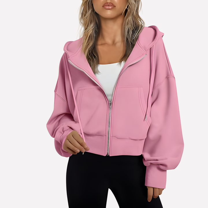 Dam Zip Hoodie Avslappnad Passform Croppad Dragkedja Jacka