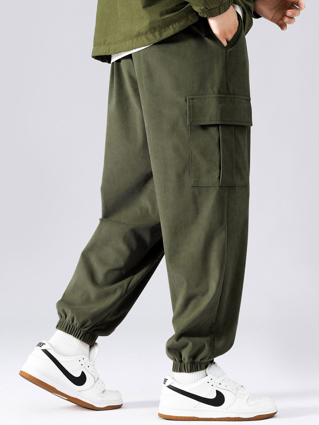 Mäns Corduroy Cargo Träningsdräkt – Patchwork Hoodie Set för Avslappnad Utility Styling