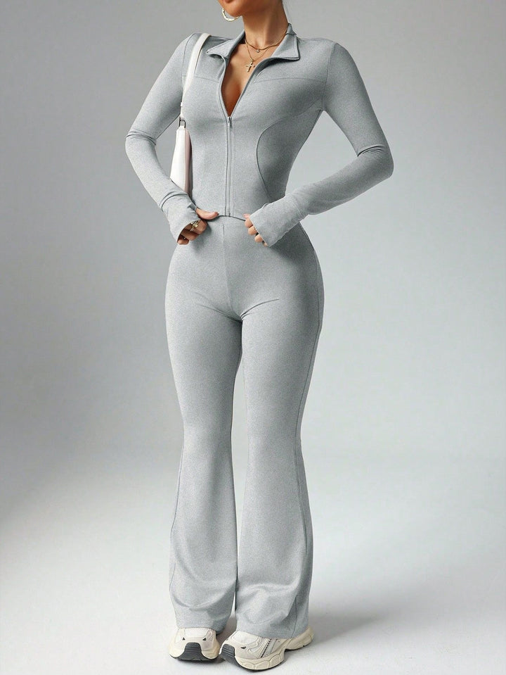 Kvinnors Zip Front Activewear Set Flared Trouser Fit